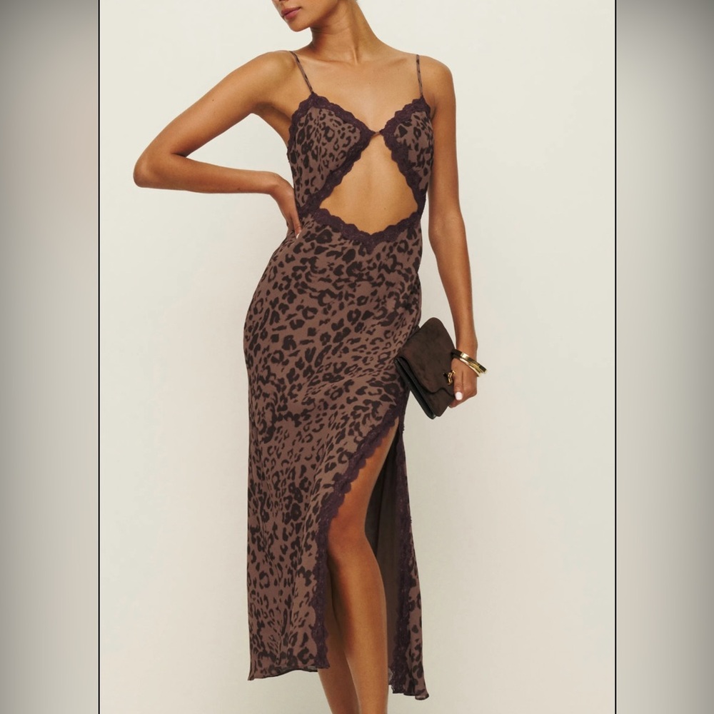 Reformation Chocolate Leopard Print Backless Dress